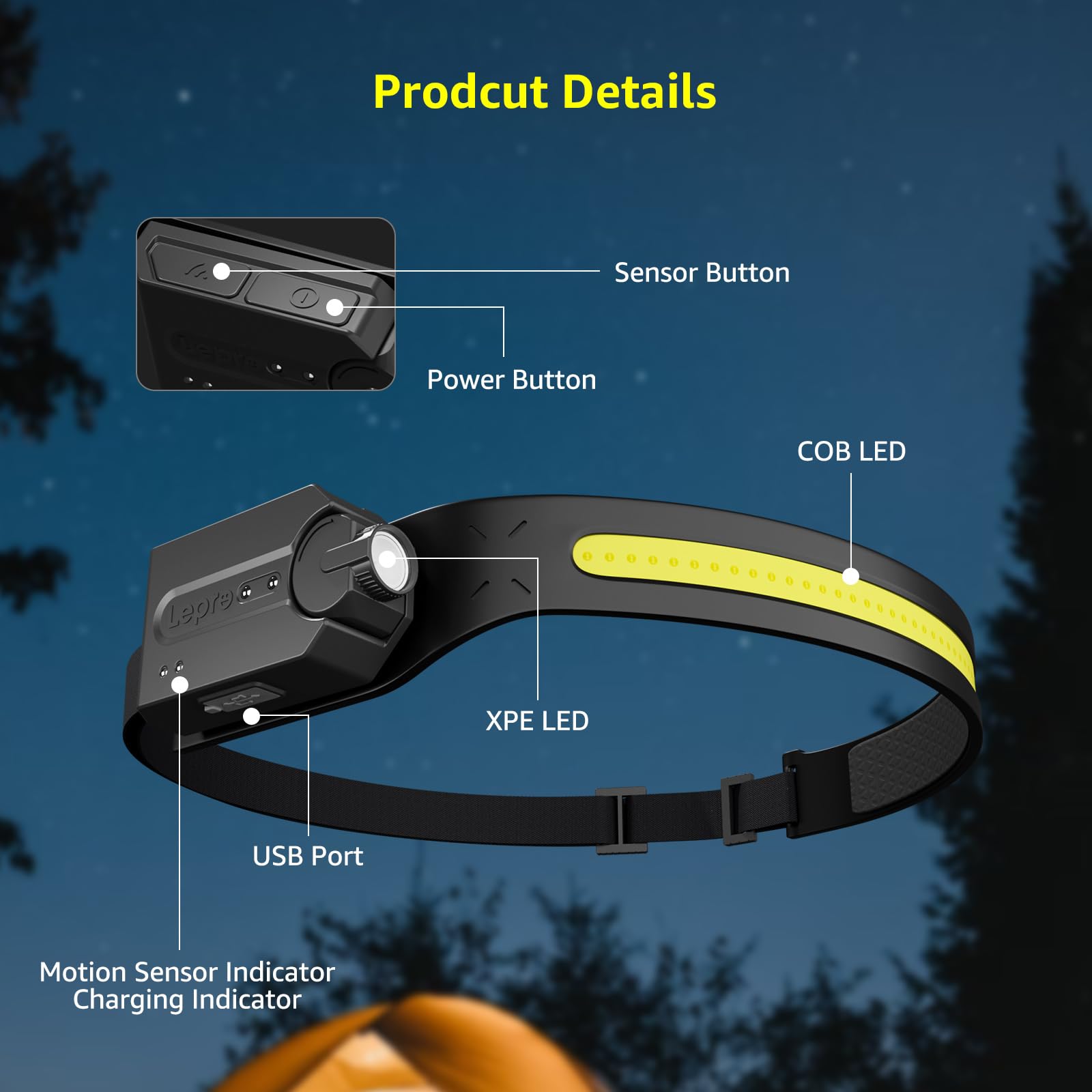 Lepro LED Headlamp Rechargeable - Super Bright Motion Sensor Head lamp with 1200 mAh Battery, 230°COB Wide Beam & Adjustable Spotlight, IP44 Waterproof Headlight for Camping, Hiking, Running, 2 Pack