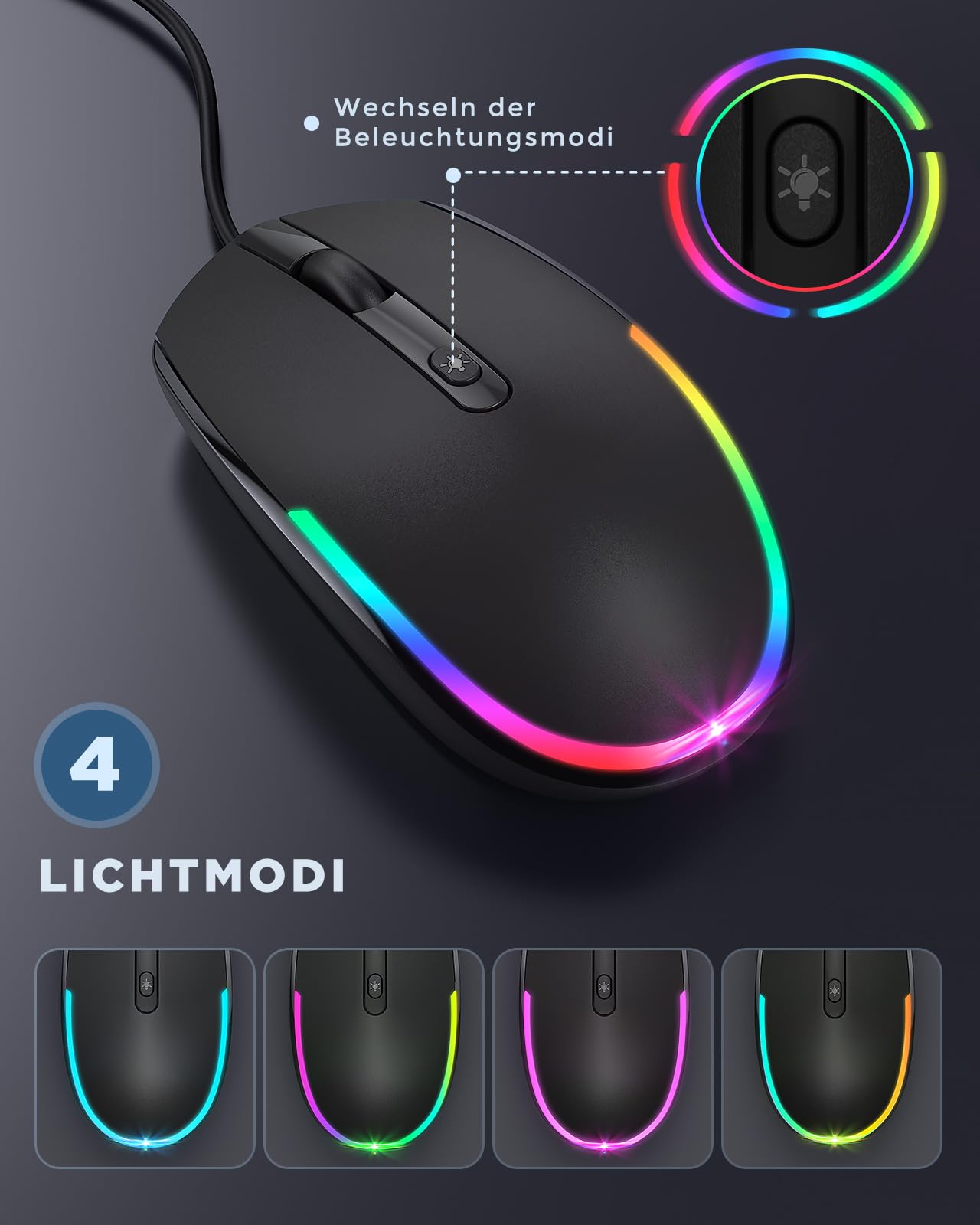 seenda Maus mit Kabel, PC Computermaus mit Kabel, 1600 DPI USB Maus Kabelgebunden für Laptop/PC/Computer/Mac, Schwarz 2