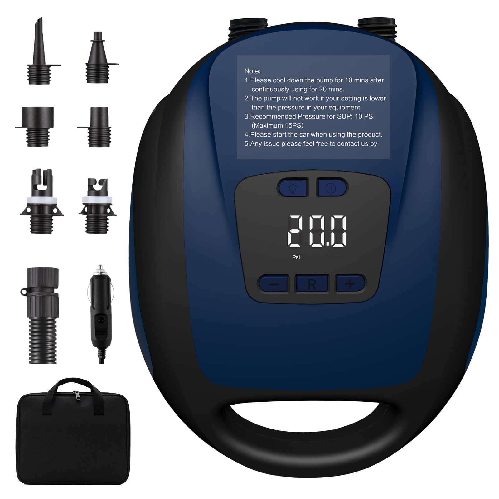 Sup Electric Pump,20psi Electric Paddle Board Pump with 5 Nozzles,Smart Inflation Auto-Off, Digital Adjustable LCD Function,12V Electric Pumpe for Sup and Inflatable Kayaks (Dark Blue)