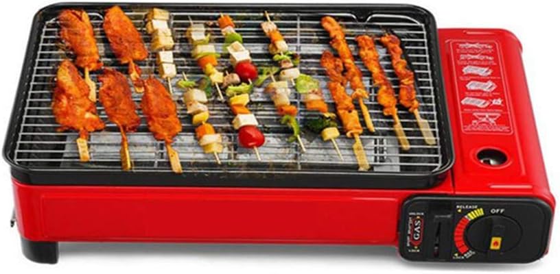 PKMA Portable Multifunctio Camping Gas Grill Stove, Double Row U-Shaped Heating Tube Design,Fast Heat,Built Heavy-Duty Grill Box,Cast Iron Grill Grates,Piezo Auto Ignition Feature