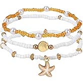 Mikovivi 3pcs Boho Shell Anklet Set for Women, Stretchable Beach Starfish Pearl Beads Seashell Ankle Bracelets Summer Fashion Foot Jewelry for Vacation Seaside Party Gift
