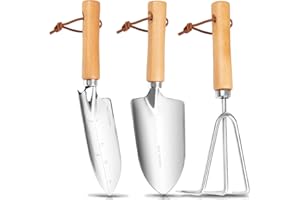 GRENEBO Garden Tool Set, 3 Pieces Stainless Steel Heavy Gardening Kit Including Hand Shovel, Transplant Shovel and Hand Rake with Ergonomic Wooden Handle, Ideal Gardening Gifts for Women.