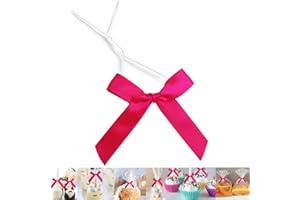 GUIFIER 50 PCS 3 Inch Twist Bows for Treat Bags, Satin Twist Tie Bows, Pre Tied Bows with Wire, Ribbon Bows with Twist Ties, Bow Ties for Gift Bags, Popcorn Bags, Cookie Bags, Party Favors (Hot Pink)