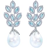 Gorgeous Green Cubic Zirconia Crystal Big Leaf Shape Dangle Pearl Drop Long Earrings For Women Bridal Wedding Party Jewelry