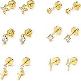 XYJZXY Flat Back Stud Earrings for Women Men 6 Pairs 18K Gold Plated Hypoallergenic Surgical Steel Cartilage Piercing Earrings Set for Sensitive Ears