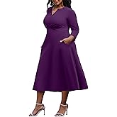 Nmoder Women's Plus Size Stretchy Flared Wrap Dress Casual Wedding Guest Midi Dresses V Neck 3/4 Sleeve A-Line Swing Dress