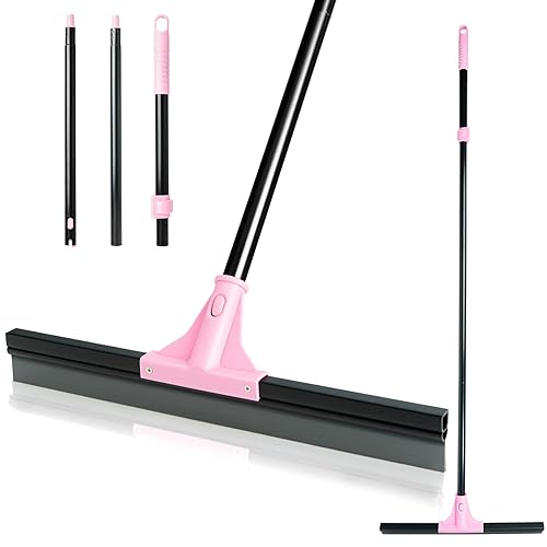 XXFLOWER Heavy Duty Floor Squeegee Broom with Extendable Handle, Multi-Surface Indoor Outdoor Squeegee for Wet Rooms, Shower, Bathroom, Kitchen, Garage, Patio, Poolside (Black Pink)