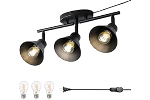 VIVIHOBB 3 Light Plug in Track Lighting Kit,Modern Black Plug in Ceiling Light Fixture,16.4ft Cord,Timer & Dimming Switch,3 Way Ceiling Spot Lighting,Flexibly Rotatable Light Head，Dimmable LED Bulbs Included