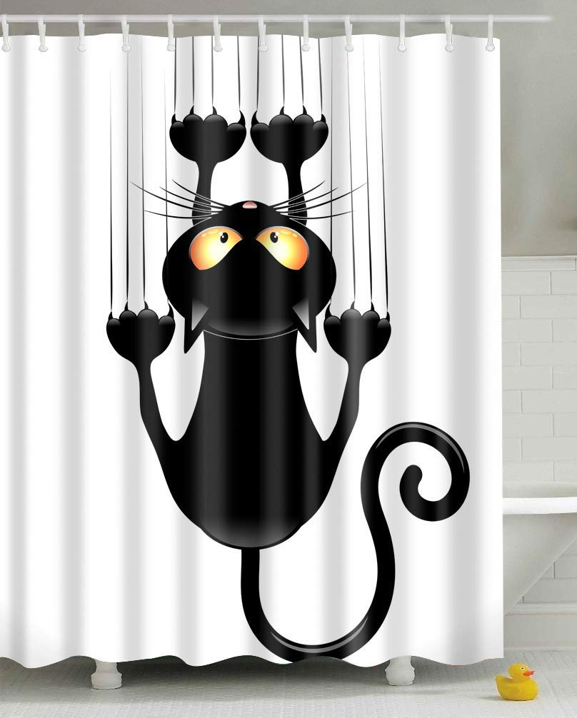 Leashy Shower Curtain DIY Funny Novelty Cat Print Waterproof Bathroom Drape, Mildew Proof Curtain with Hooks (Black Cat, 200x180)
