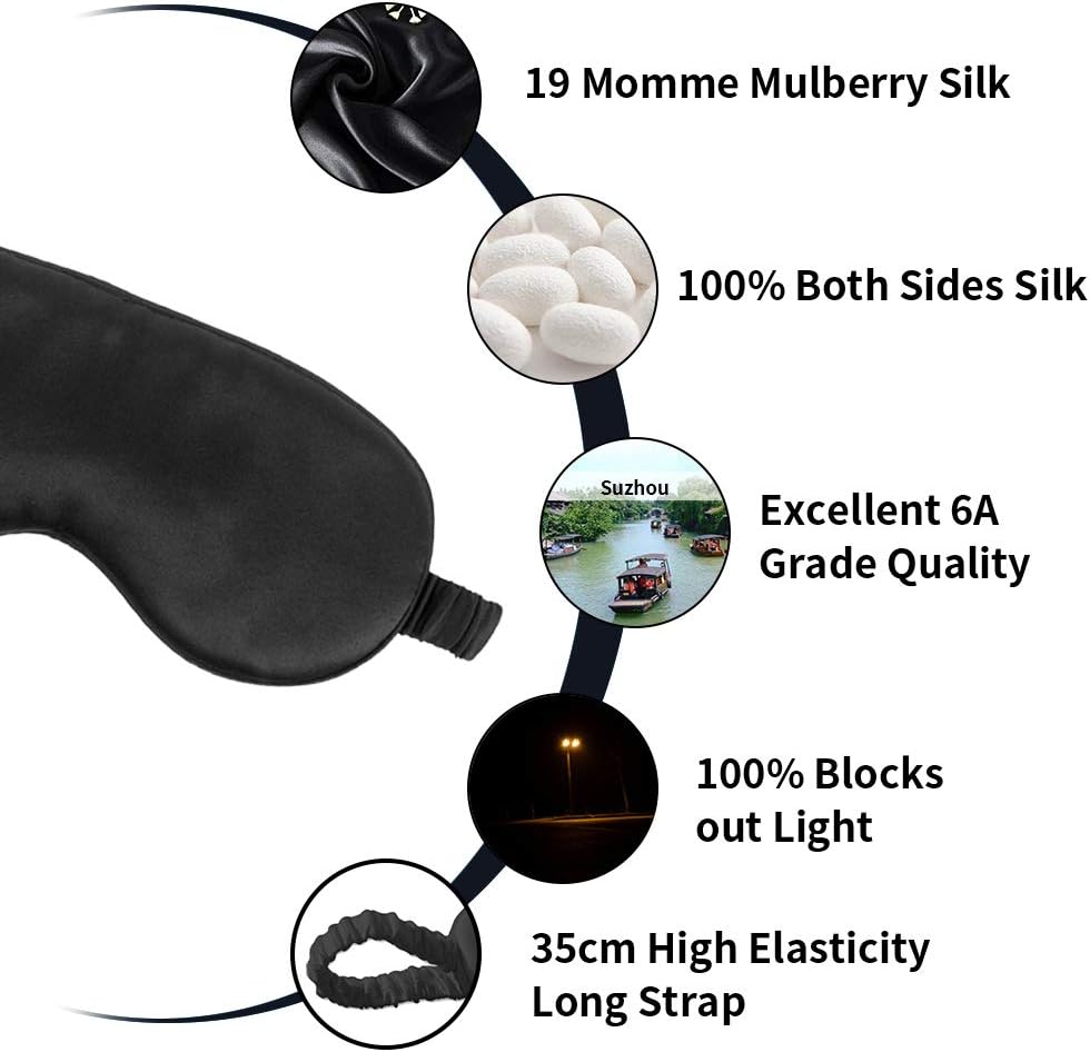 Sleep Mask,Silk Eye Mask for Sleeping Women/Men/Girls,19 Momme Both Sides 100% Pure Mulberry Silk Blackout Anti-Allergy Blindfold with Elastic Strap for Night,Travel,Nap,Meditation (Black) - Image 5