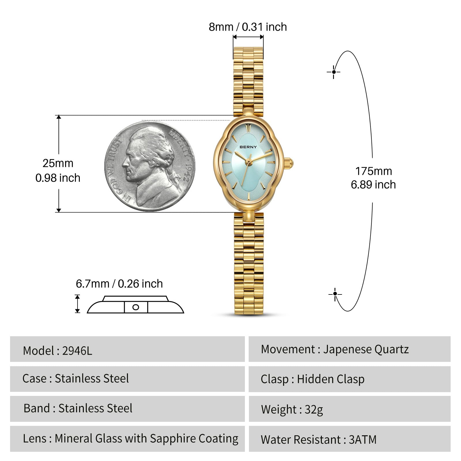 BERNY Gold Watches for Women Dainty Ladies Quartz Watch Vintage Copper Mirrors Shape Japanese Quartz Movement 3ATM Waterproof Fashion Female Wrist Watch Luxury Birthday Gifts