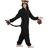 AMAMHAHAVA Black Cat Onesie Costumes for Adults with Hood and Cat Paw Covers Halloween Costume One-Piece Cosplay