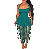 Vakkest Women Summer Halter Neck Dress Sexy Asymmetrical Ruffle Fringe Bodycon Party Birthday Short Mini Dresses