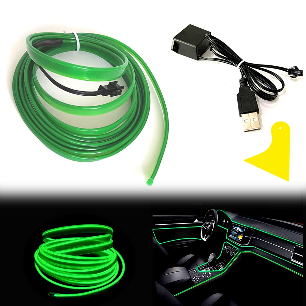 Balabaxer El Wire Green Interior Car LED Strip Lights, 5M Neon Wire USB 5V with Fuse Protection for Automotive Car Interior Decoration with 6mm Sewing Edge…