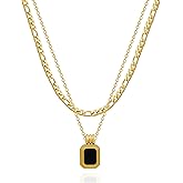 PRIMATORIA Layered Gold Choker Necklace for Women Dainty Black Square Pendant 18K Gold Plated Stainless Steel Chain Link Jewelry for Mother and Daughter (Black)