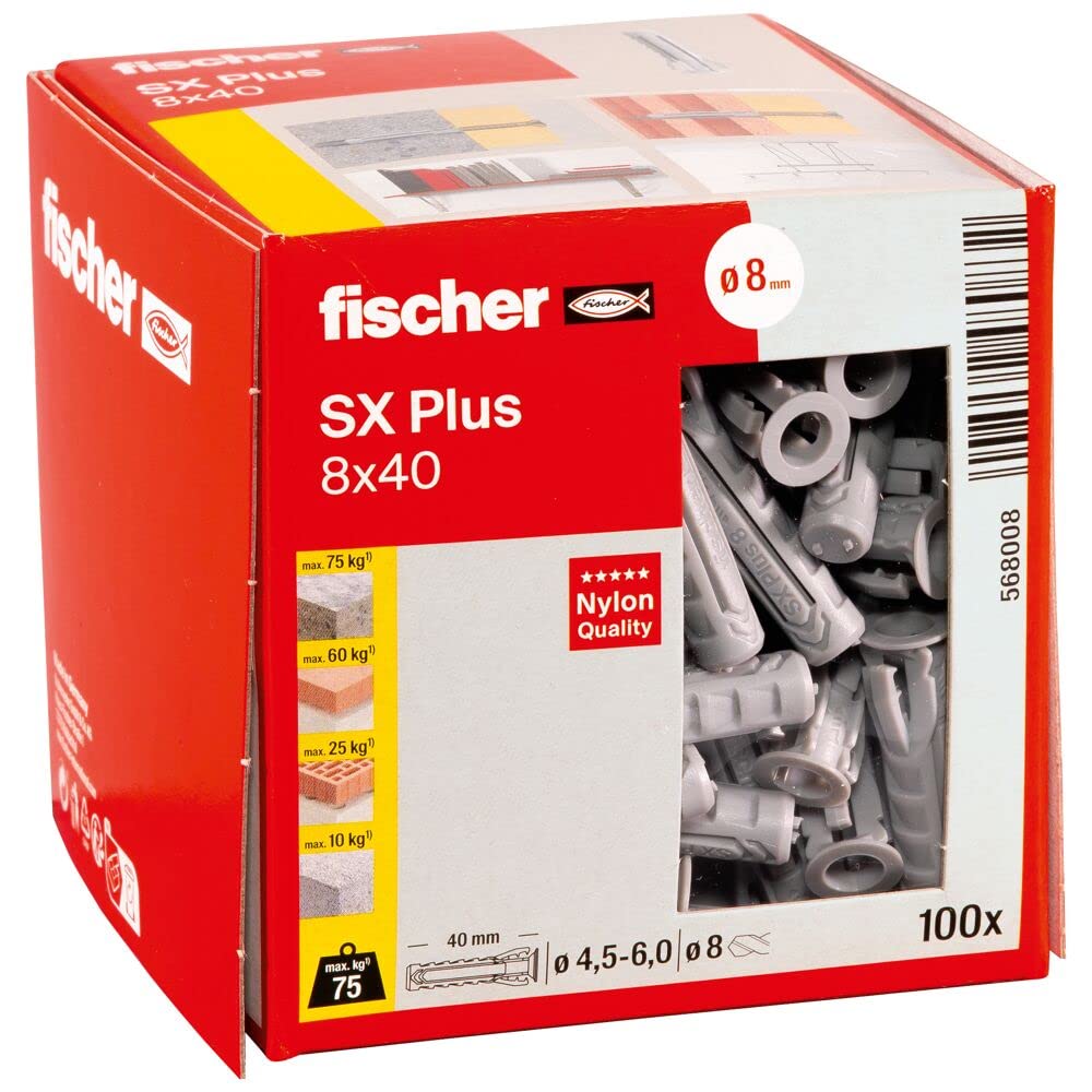 fischer 568008 SX Plus Expansion Wall Plug, 8mm x 40mm, Pack of 100