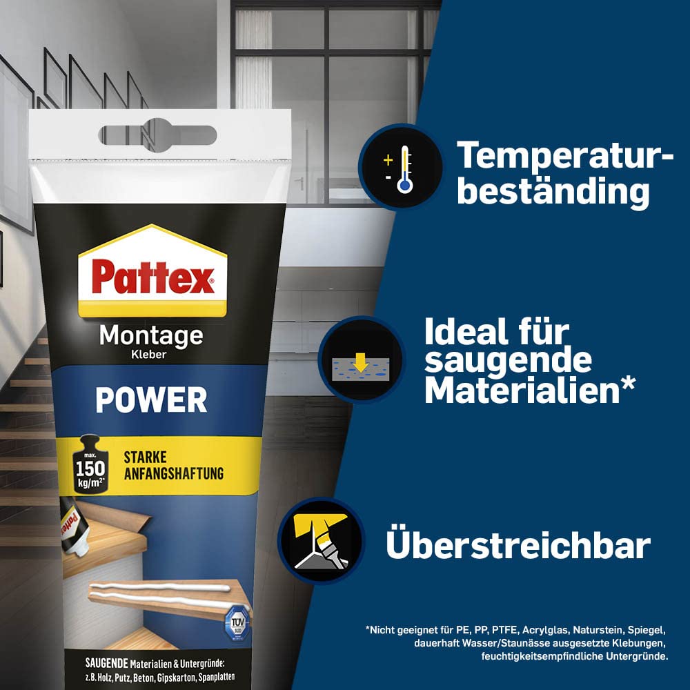 Pattex Montagekleber Power, Baukleber mit starker Anfangshaftung, Kraftkleber für saugende Materialien, Kleber für innen & außen, 1 x 250g 2