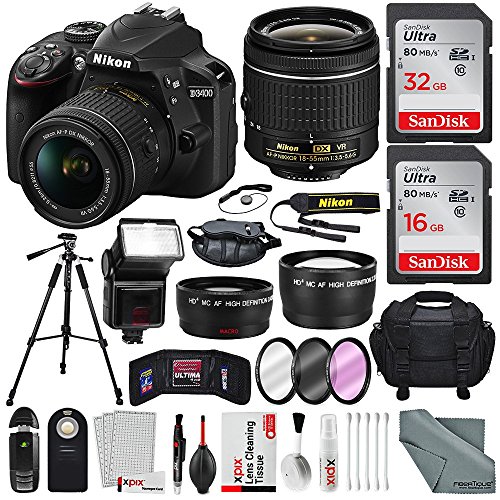 Nikon D3400 with AF-P DX NIKKOR 18-55mm f/3.5-5.6G VR, Total of 48 GB SDHC along with Deluxe Accessories Bundle