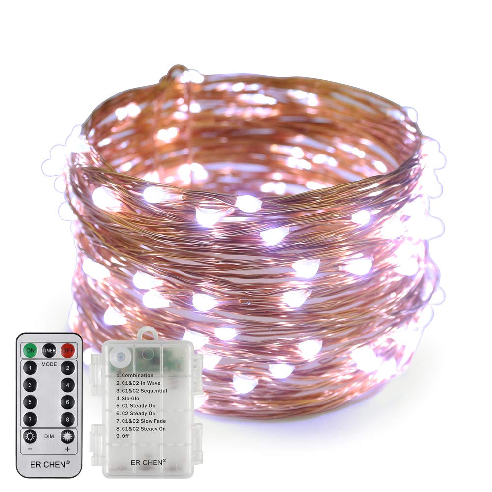 Erchen Battery Operated LED String Lights, Dimmable 33 FT 100 LED Ultra Thin Waterproof 8 Modes Timer Copper Wire Fairy Lights with 13 Key Remote Control for Indoor Outdoor Christmas Party (White)