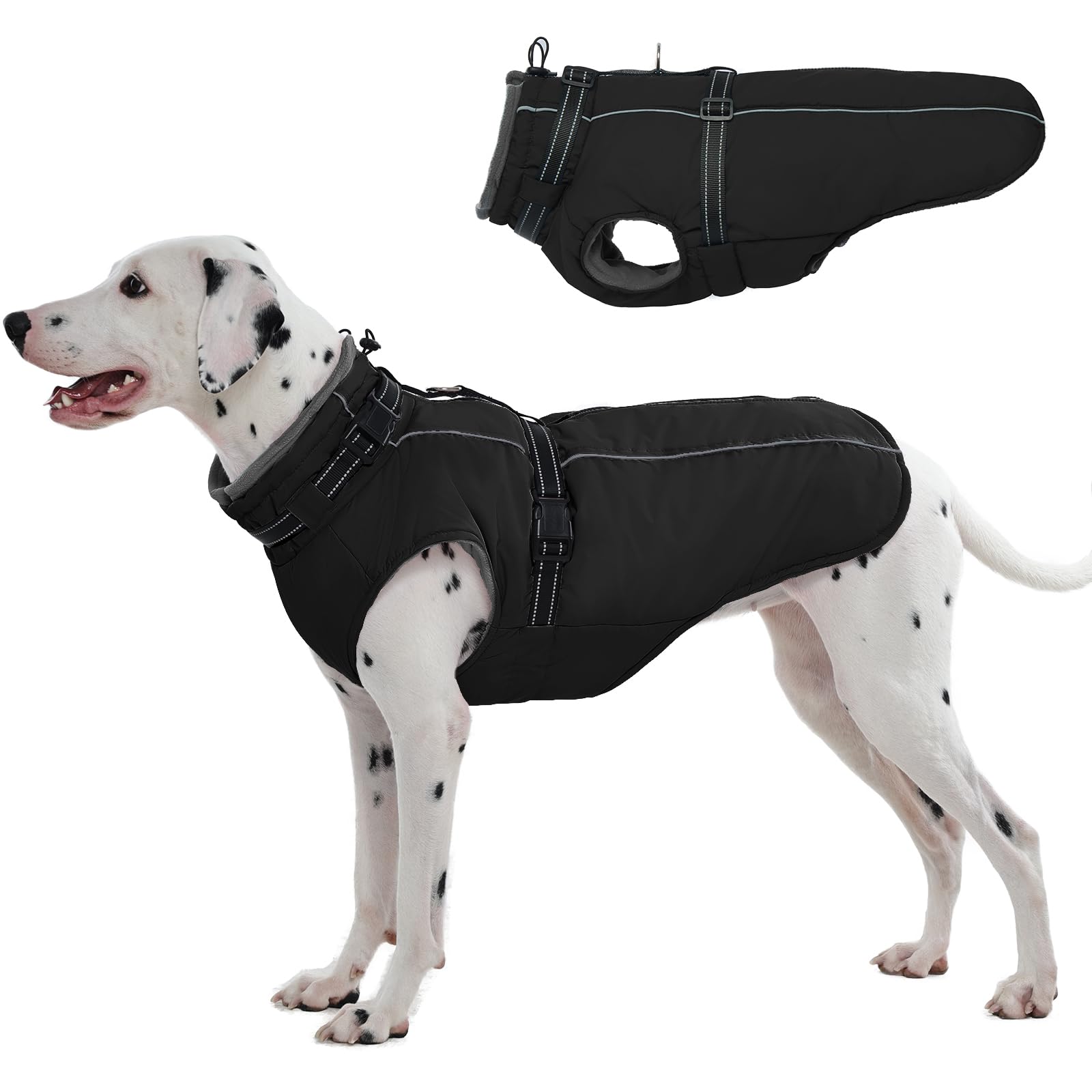 Lelepet Large Dog Coat With Harness - Warm Waterproof Fleece Jacket, Winter Reflective Vest Snow Suit for French Bulldog, Black L