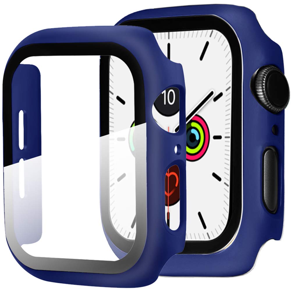 Miimall Compatible with Apple Watch Series 6/Series 5/Series 4/SE 44mm PC Tempered Glass Screen Protector, [Full Coverage] Anti-Scratch Bumper Case for iWatch Series 6/5/4 44mm-Midnight Blue