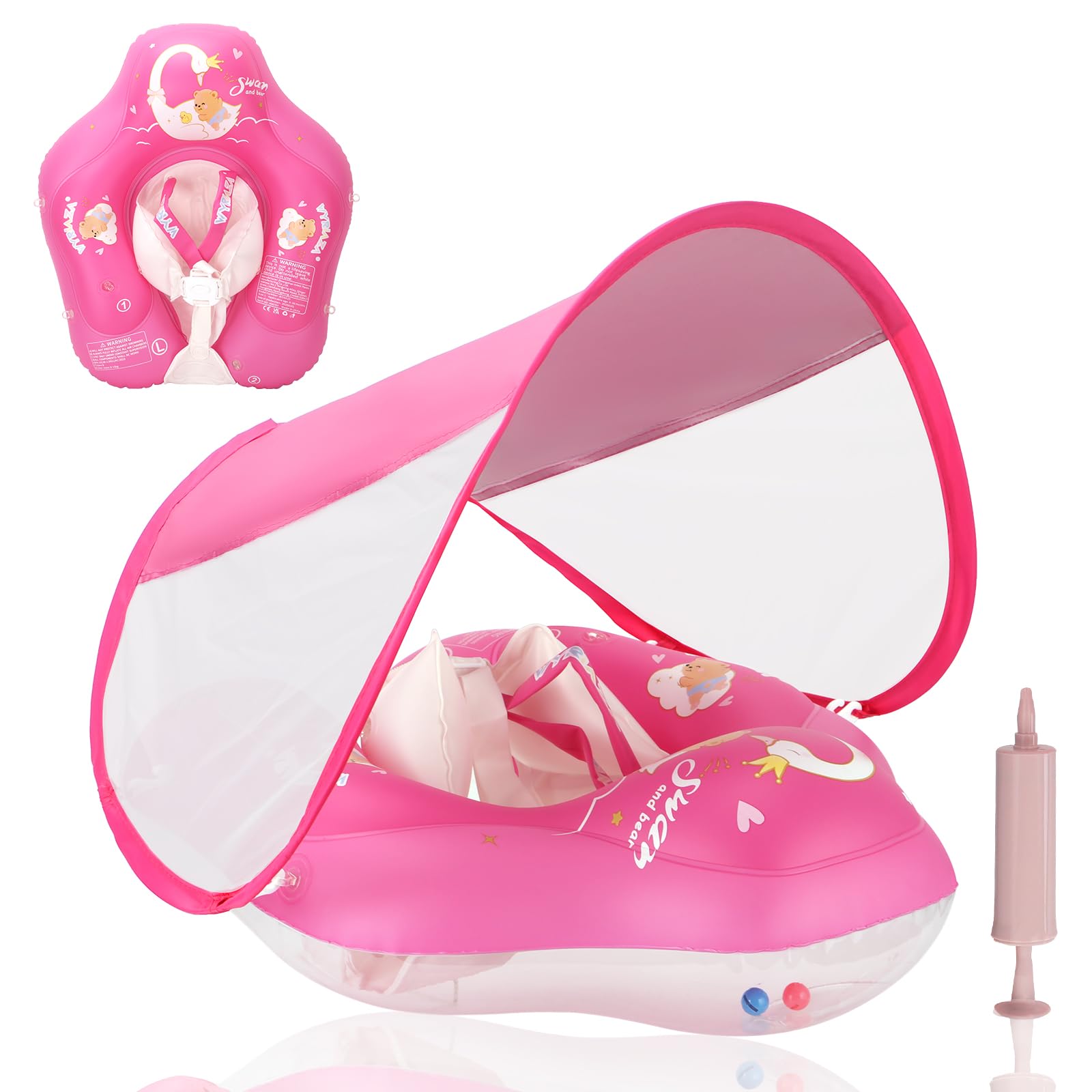 LOOWARTS Baby Float with Canopy,Infant Pool Float with Safety Seat,Baby Swimming Float & Swim Float & Water Float UPF50+ UV Protection for Toddler from 3 to 36 Months (S:3-12 Month/L:6-36 Month)