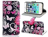 iphone 5C Case, Butterfly Flip Wallet Credit ID Card Slot Holder Phone Case With Stand --Retail Package W Screen Protector -- Black