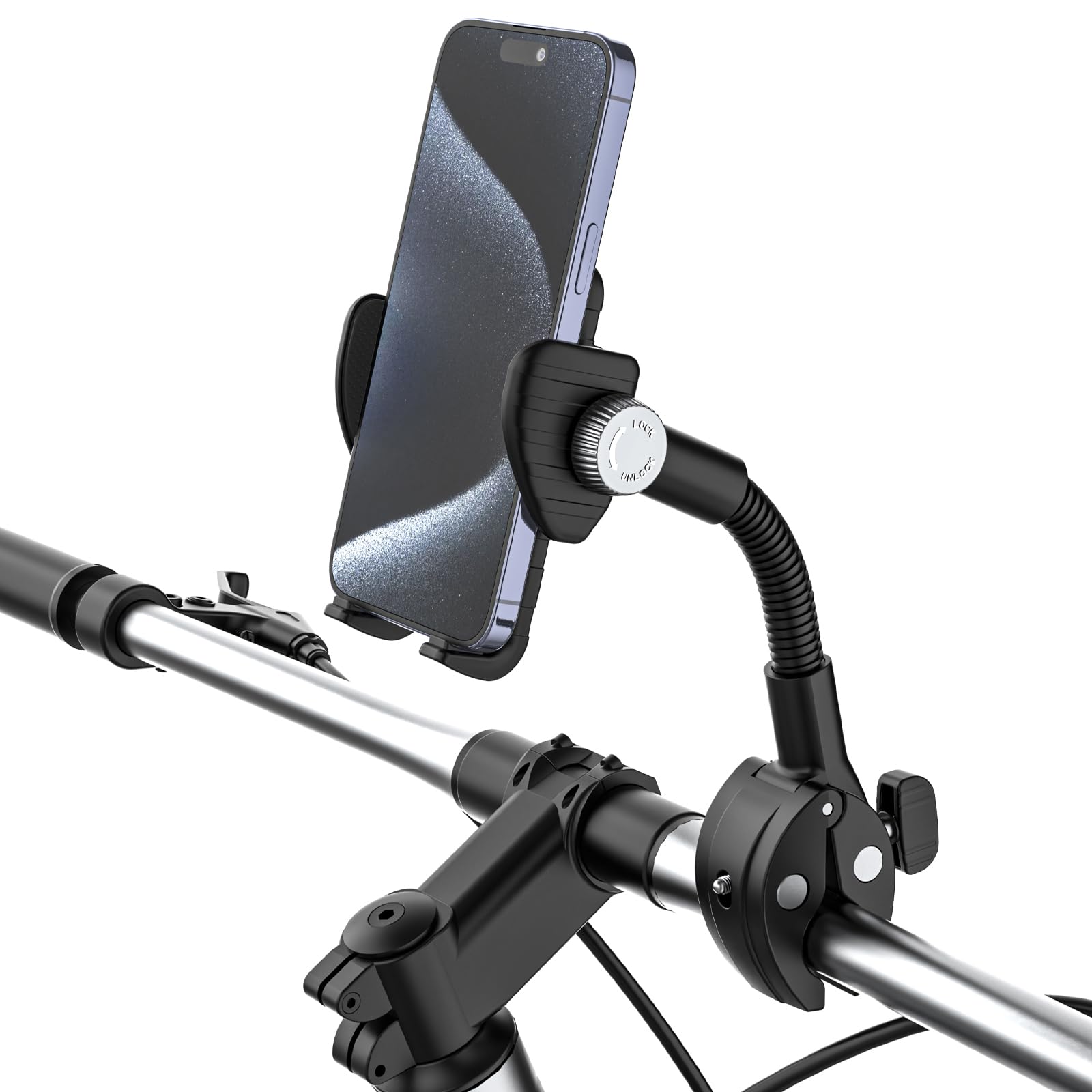 Kolasels Bike Phone Mount, Gooseneck Exercise Bike Phone Holder, Spin Bike Phone Mount, Indoor Bike Stroller Phone Holder for iPhone 15 14 13 Pro Max Galaxy Series all 4-7" Cell Phones
