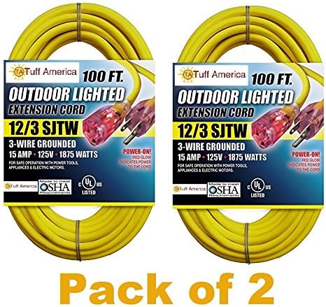 Heavy Duty 12/3 SJTW 100ft Long Electrical Appliance Power Extension Lighted Plug Yellow Cord By Tuff America (Pack of 2)