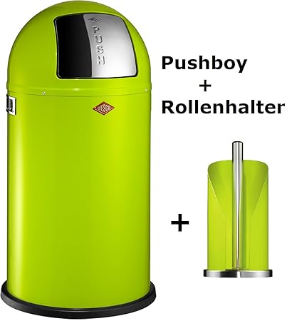 Wesco 175831-20 Pushboy 50-Liter Mülleimer & Küchenrollenhalter im Set, limegreen
