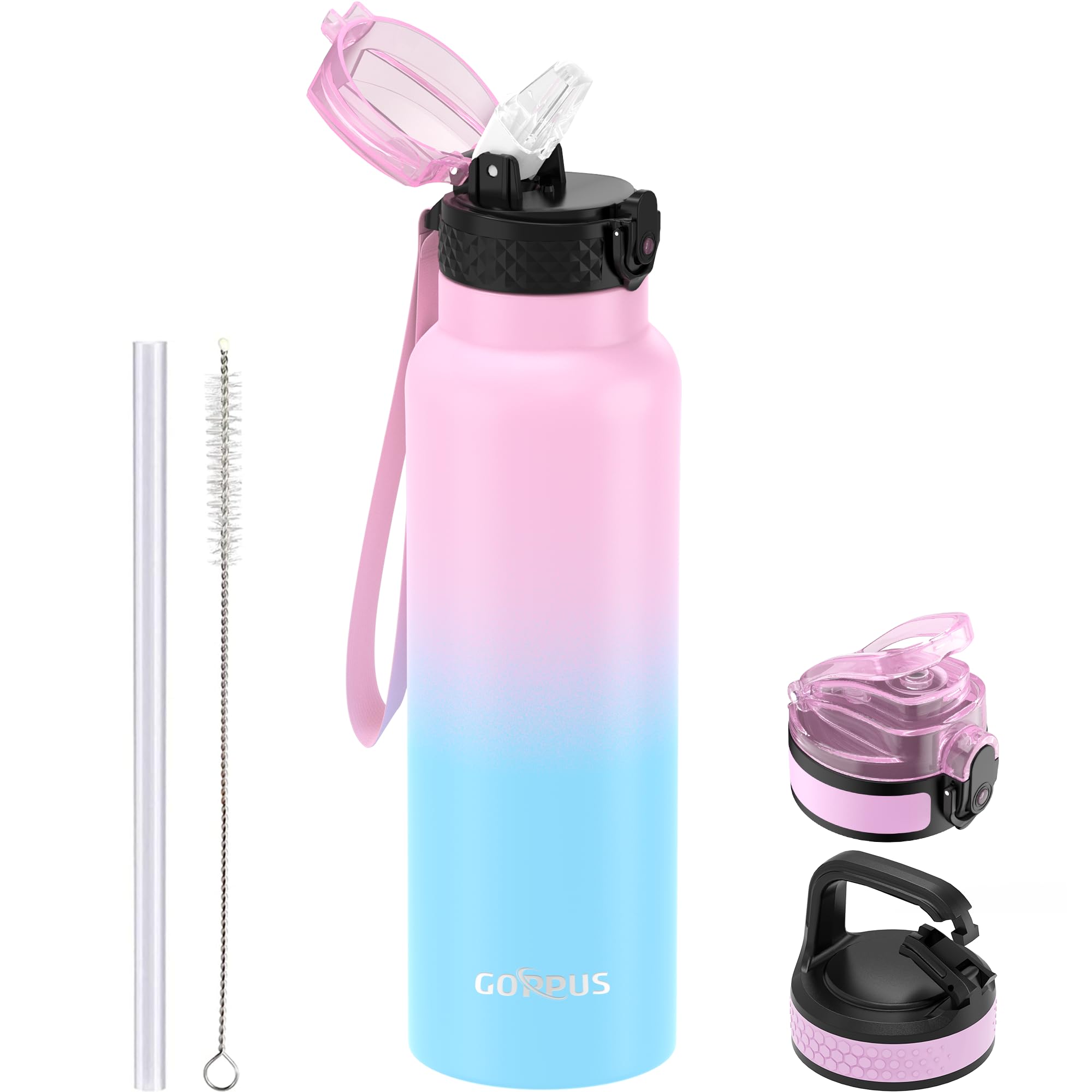 GOPPUS 750ml/26oz Stainless Water Bottle with Straw Double Wall Insulated Bottles with Strap Reusable Vacuum Thermal Flask Leakproof Keep Cold Drinks Bottles with Flip Top Lid for Men Women BPA Free
