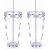 Zukro Clear Double Wall Plastic Tumbler with Lid and Straw 32 oz, 2 Pack | Wide Mouth BPA Free Large Clear Insulated Reusable Acrylic Iced Coffee To Go Cup for Loaded Tea, Water, Fit in Cupholder