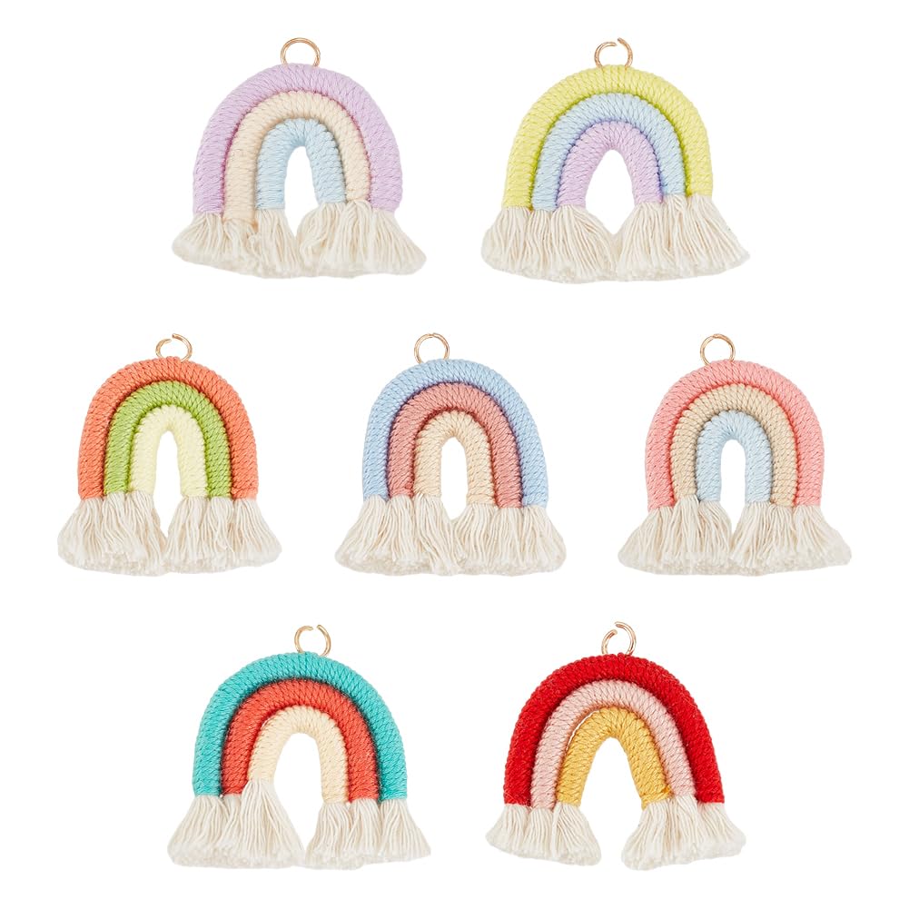 OLYCRAFT 7Pcs 7 Colors Handmade Weaving Rainbow Tassel Macrame Woven Rainbow Tassel Pendants Woven Cotton Keychain Charms Woven Tassel Charms with Loops for DIY Keychains Keyrings Decorations