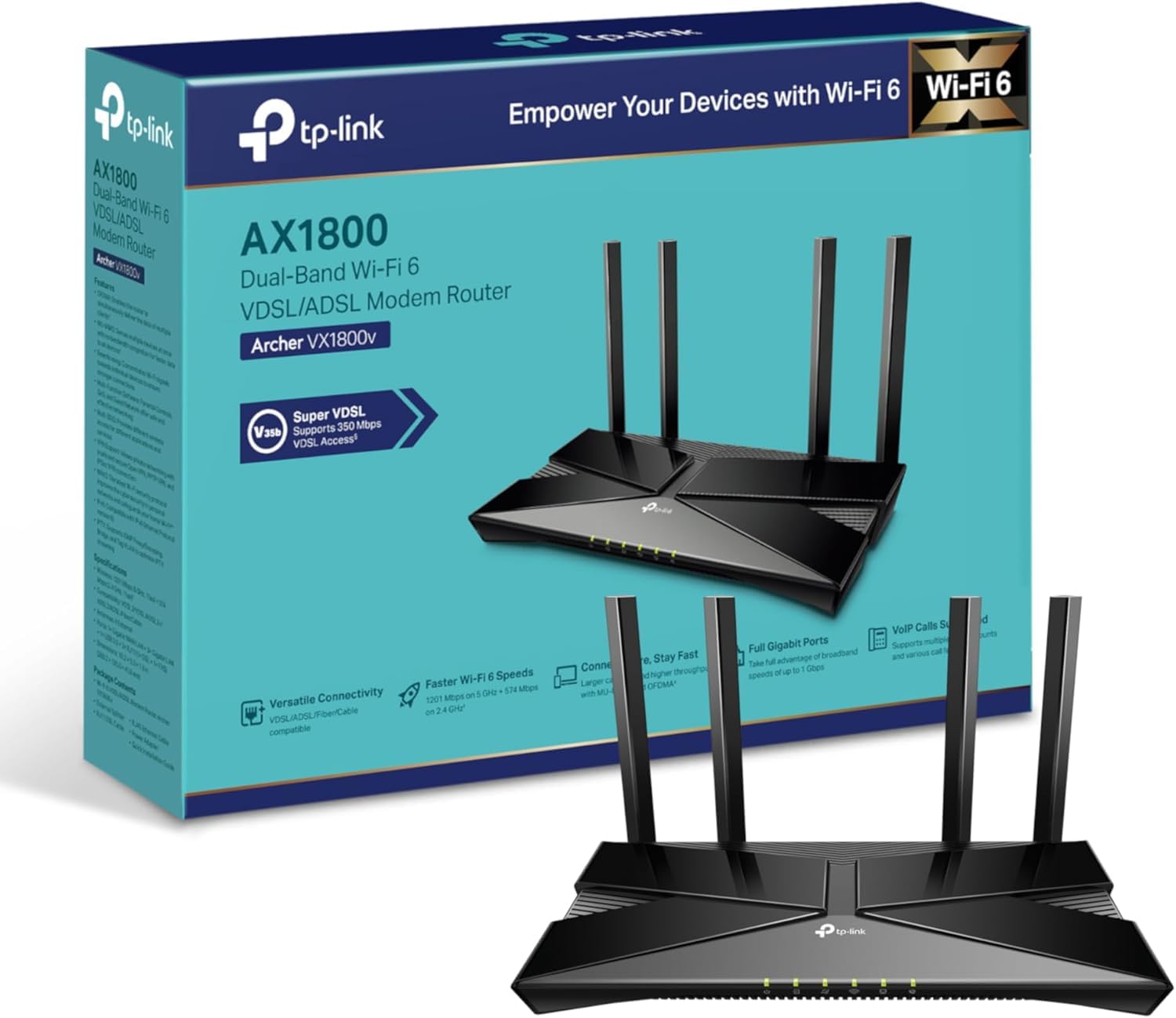TP-Link Archer VX1800v AX1800Mbps Dual-Band Wi-Fi 6 Gigabit VDSL/ADSL Modem Router, 1201 Mbps/5 GHz, 574 Mbps/2.4 GHz, USB 2.0 For 4G Router Option, 2x 2MU-MIMO, VoIP Support, TP-Link Tether App