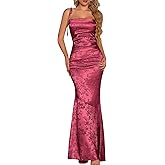 GLNEGE Women's Satin Bodycon Maxi Dress Elegant Formal Spaghetti Strap Cowl Neck Evening Party Dresses