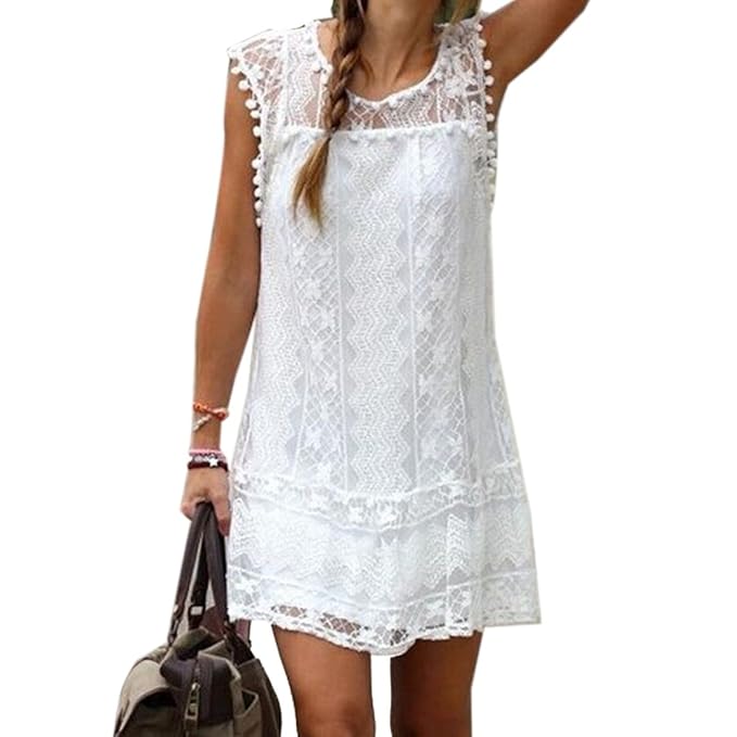 Dewapparel Les Femmes En Dentelle Blanche Sans Manches Bord Balle Robe Lache De Changement De Style Preppy Actif