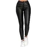 WDIRARA Women's High Waisted PU Leather Leggings Stretchy Skinny Pants with Pockets