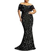 dasmzper Women's Sexy Off Shoulder Short Sleeve Sequin Floor Length Bodycon Cocktail Evening Gown Party Maxi Dress