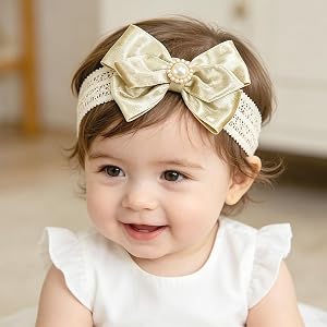 Yheahin Baby Girls Lace Headband with Velvet Bow Elastic Soft Newborn Toddler Hair Band with Pearl Accent Cute Infant Hair Ac