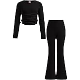 Yesfashion Girls' Clothing Sets Casual Crew Neck Long Sleeve Fitted Ruched Top and Flared Leggings Pants Set