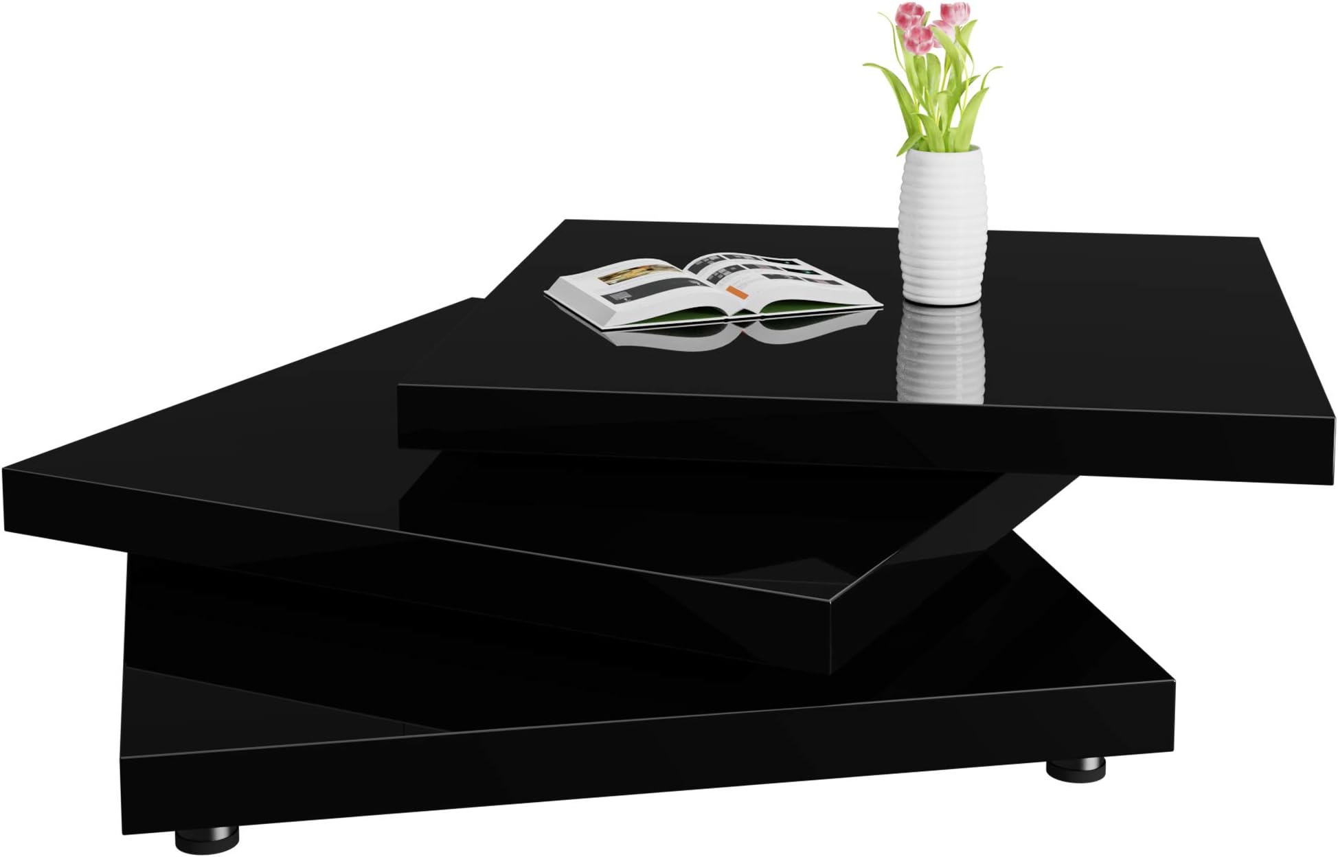 Deuba Coffee Table High Gloss Modern Black White 3 Tier Rotatable Rectangle Design Style Living Room Home Furniture Tea