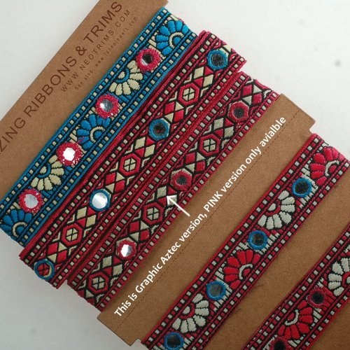 Neotrims Aztec Geometric Design Trimming; Indian Mirror Work Sequin Ribbon by the Yard, Wholesale Online, Great Price for Hand embroidery embellished Gujarat Style Folk Ribbon of India for Sari, Salwar Kameez or Crafts and Apparel