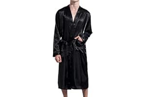 Lu's Chic Men's Satin Kimono Robe Silk Classic Long Bathrobe Pockets Lightweight Loungewear