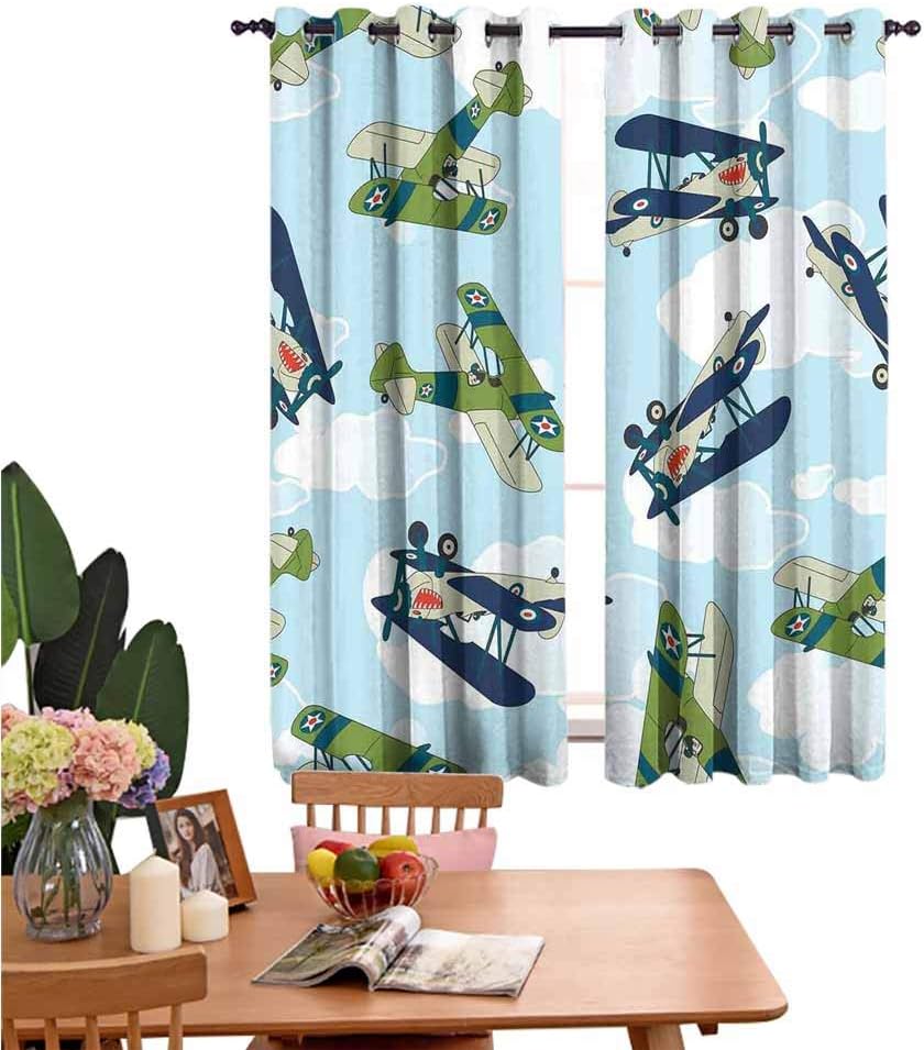 Airplane Decor Room Blackout Curtains for Napping Children, Day Sleepers, Shift Workers 63"x72" Vintage Allied Plane Flying Pattern Cartoon Children Kids Repeating Toys Shark Teeth