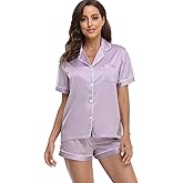 Serenedelicacy Women's Satin Pajama Set 2-Piece Sleepwear Loungewear Button Down Short Sleeve Silky PJ Set