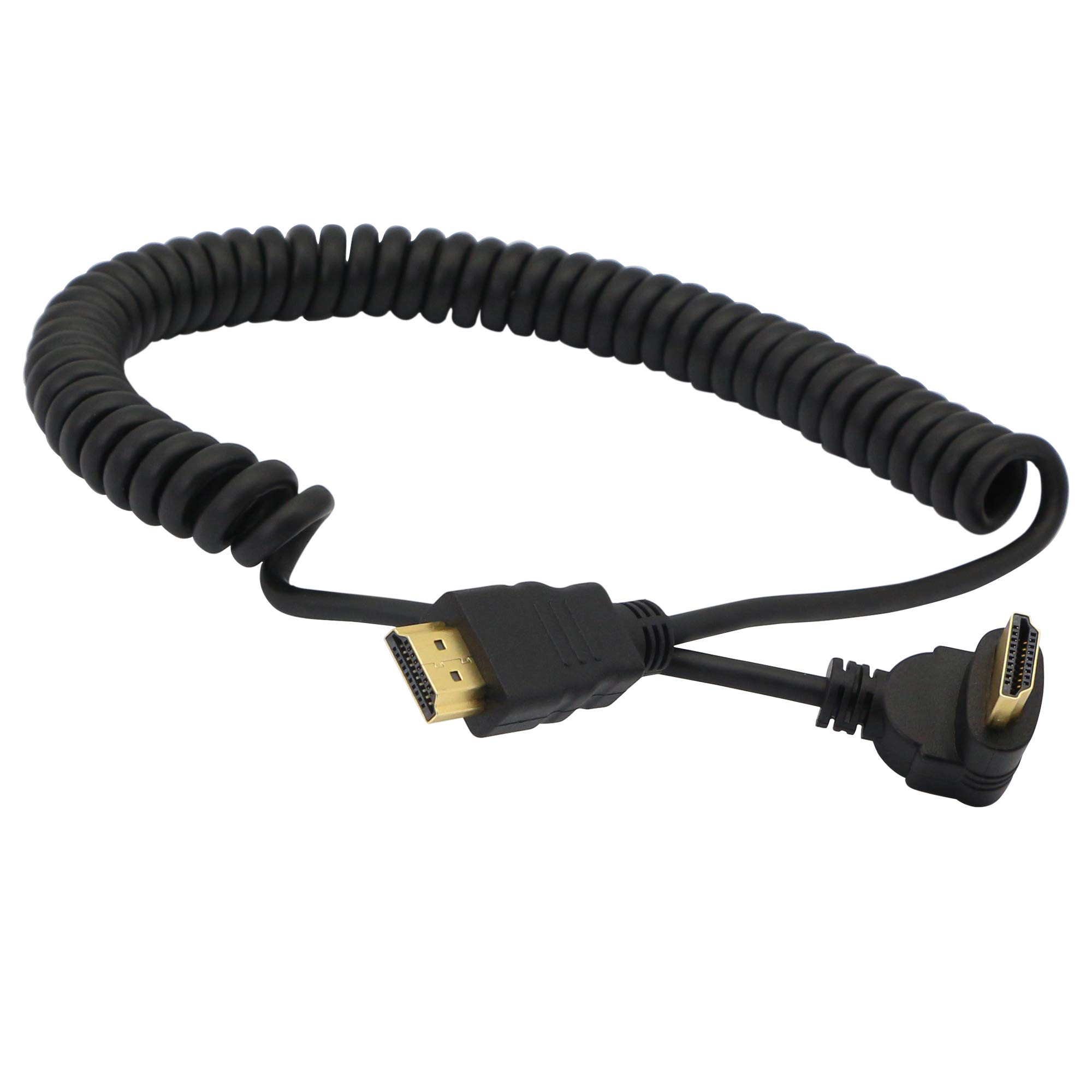 PNGKNYOCN Right Angle HDMI Coiled Cable,90 Degree HDMI Male to HDMI Male Spring Spiral Cable Support 3D 1080P for Camera, Monitor (black up)