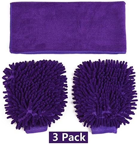 [3 pack] Premium Microfiber Scratch - Free Car Wash Mitt with Large Ultra-soft Highest Density Polishing Cloth - Cleaning Gloves for Car Washing, House Cleaning and Dusting, Wet or Dry Use, Purple