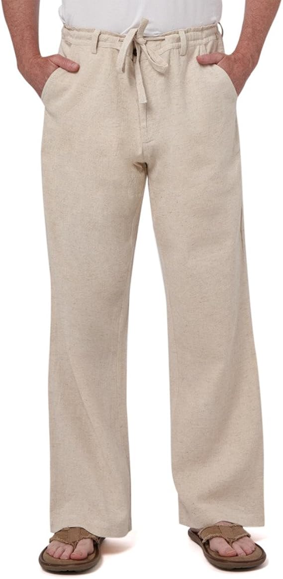Men Linen Drawstring Pant with Belt Loops (XXXL) Beige at Amazon Men’s