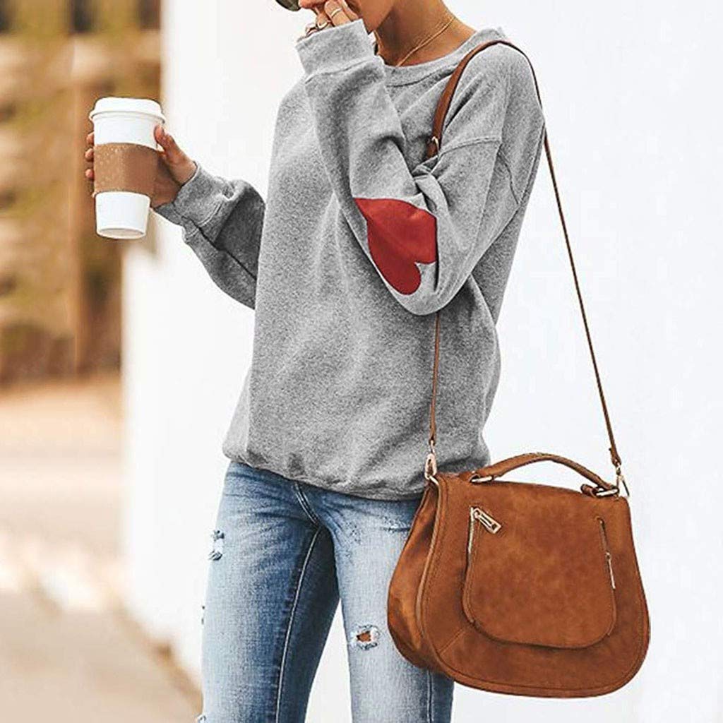 Winsummer Womens Valentine\'s Day Sweatshirts Jumper Top Heart Pattern Elbow Patch Long Sleeve Crewneck Pullover Shirts
