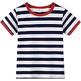 Spring&Gege Girls Short Sleeve Striped T-Shirts Kids Casual Cotton Tops Color Block Crewneck Pullover Blouse (5-14 Years)